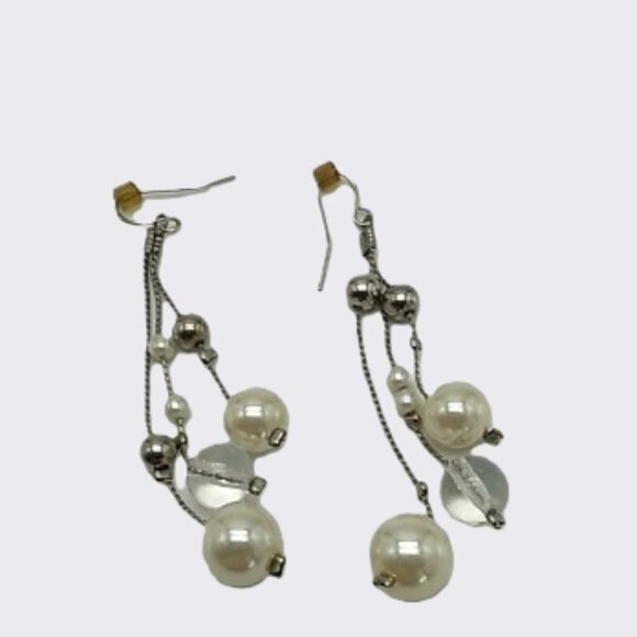 Faux Pearl Clear Bead Silver-tone Dangle Earrings - Picture 3 of 13